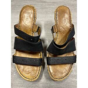 Born strappy slip-on black leather sandals with a cork wedge heel women’s Size 8